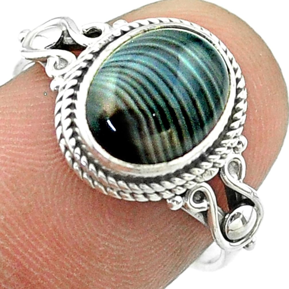 4.16cts solitaire natural black botswana agate 925 silver ring size 7 t57462