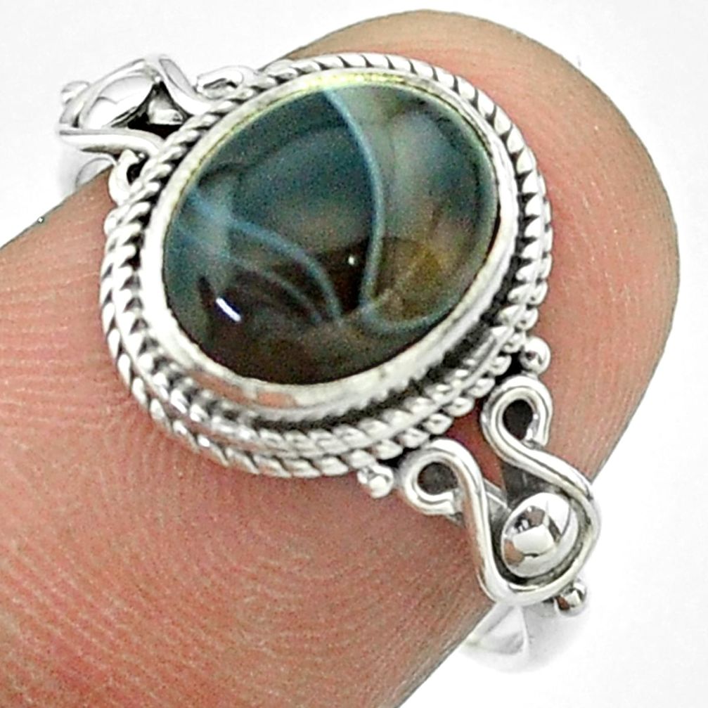 4.18cts solitaire natural black botswana agate 925 silver ring size 8 t57468