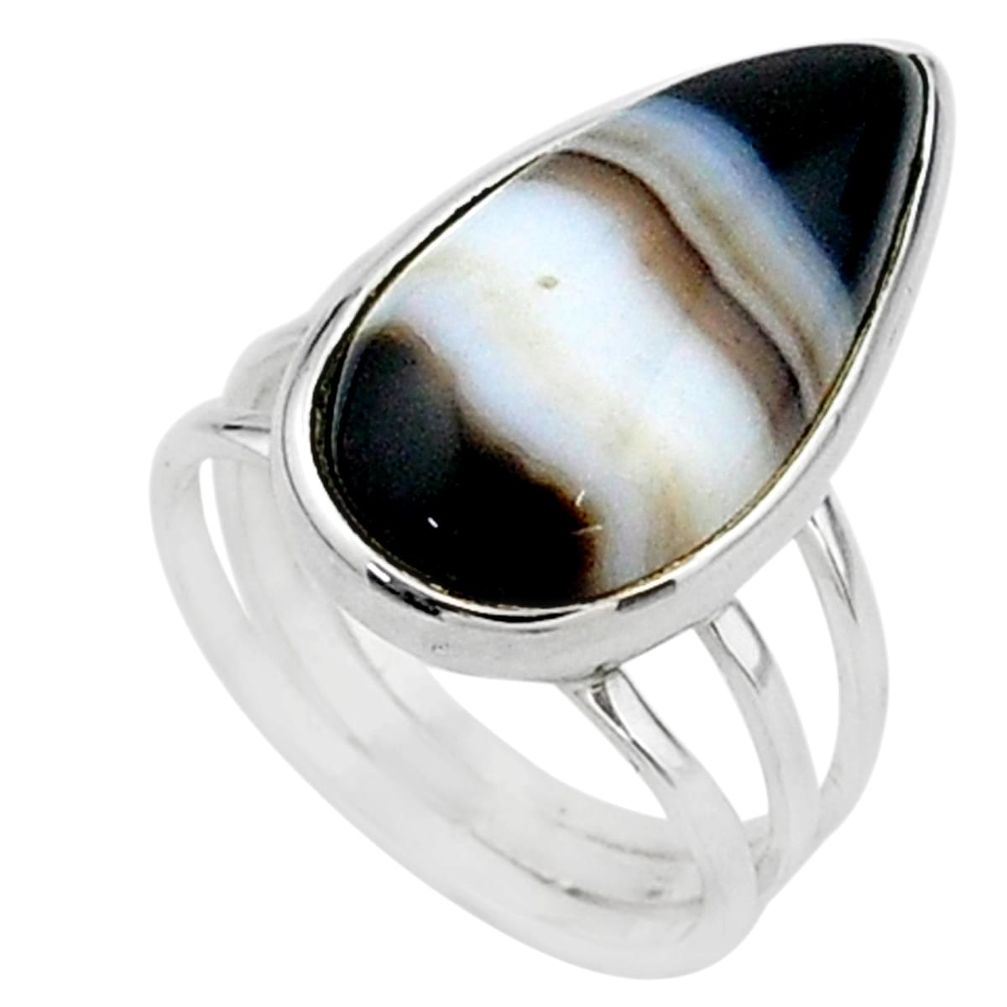 14.65cts solitaire natural black botswana agate pear silver ring size 7 t15472
