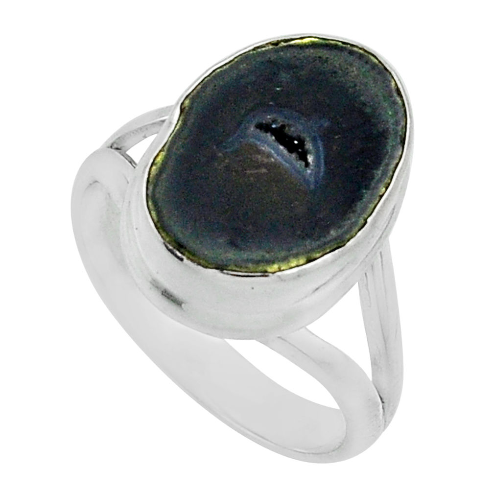 8.16cts solitaire natural black geode druzy fancy silver ring size 8.5 n45567