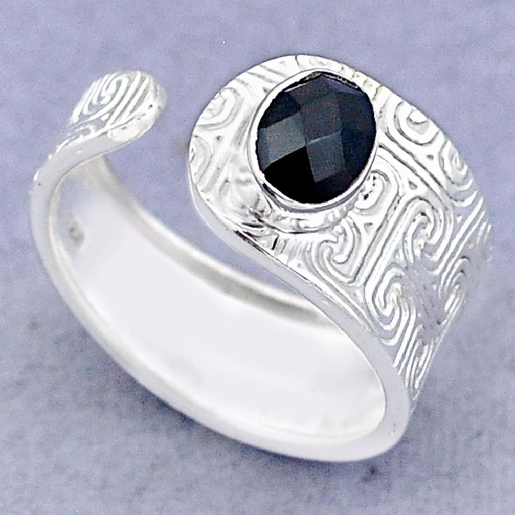 1.51cts solitaire natural black onyx 925 silver adjustable ring size 8 t47427