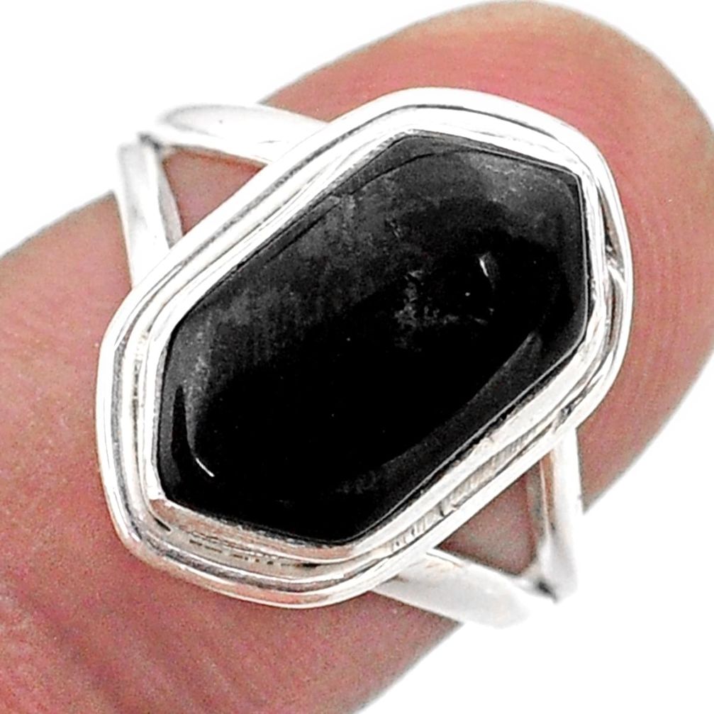 5.53cts solitaire natural black onyx 925 silver hexagon ring size 7 t48515