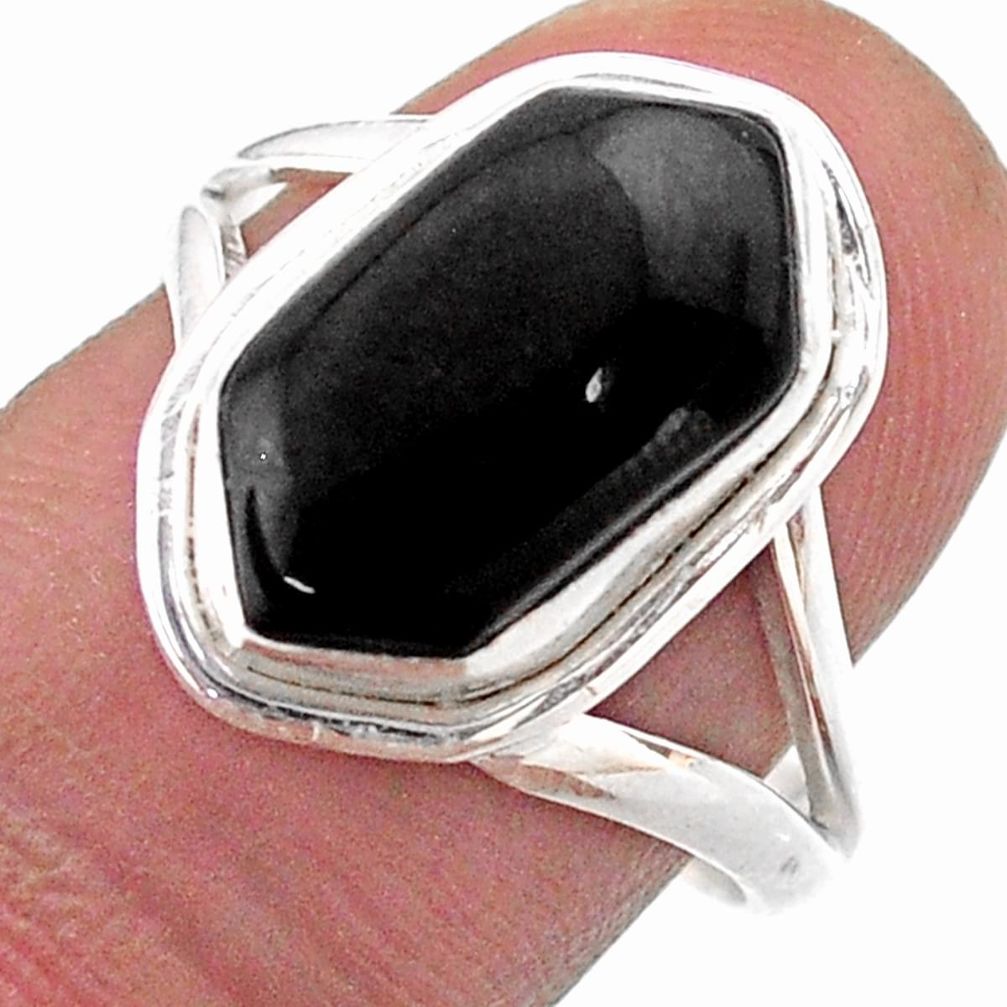 5.82cts solitaire natural black onyx 925 silver hexagon ring size 8.5 t48520