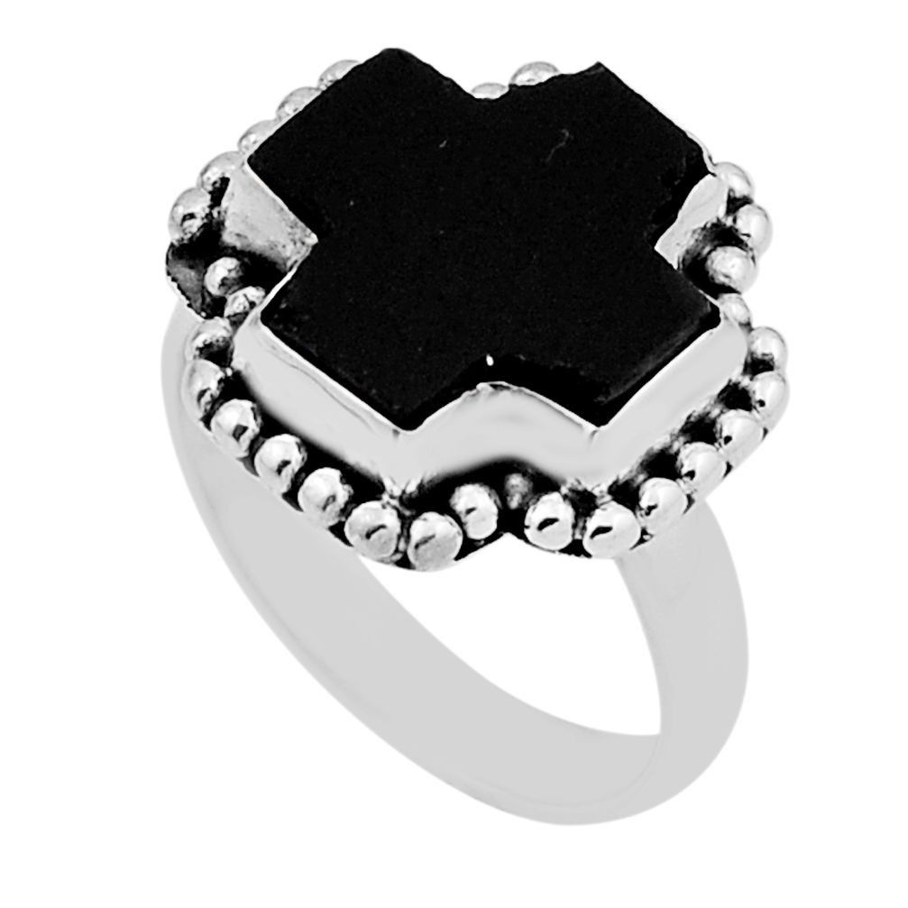 7.59cts solitaire natural black onyx 925 silver holy cross ring size 7.5 n31577