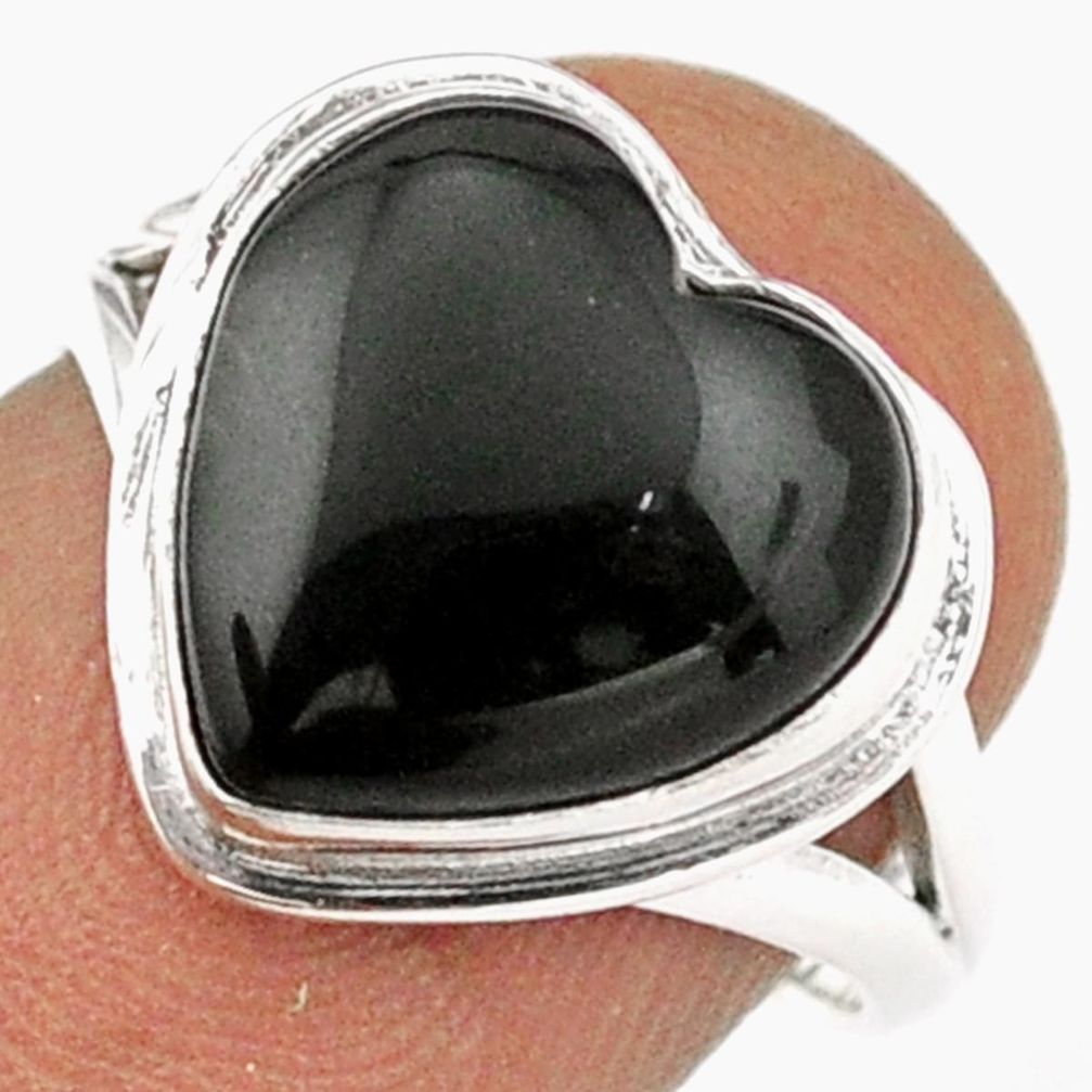 6.80cts solitaire natural black onyx heart shape 925 silver ring size 7 t93192