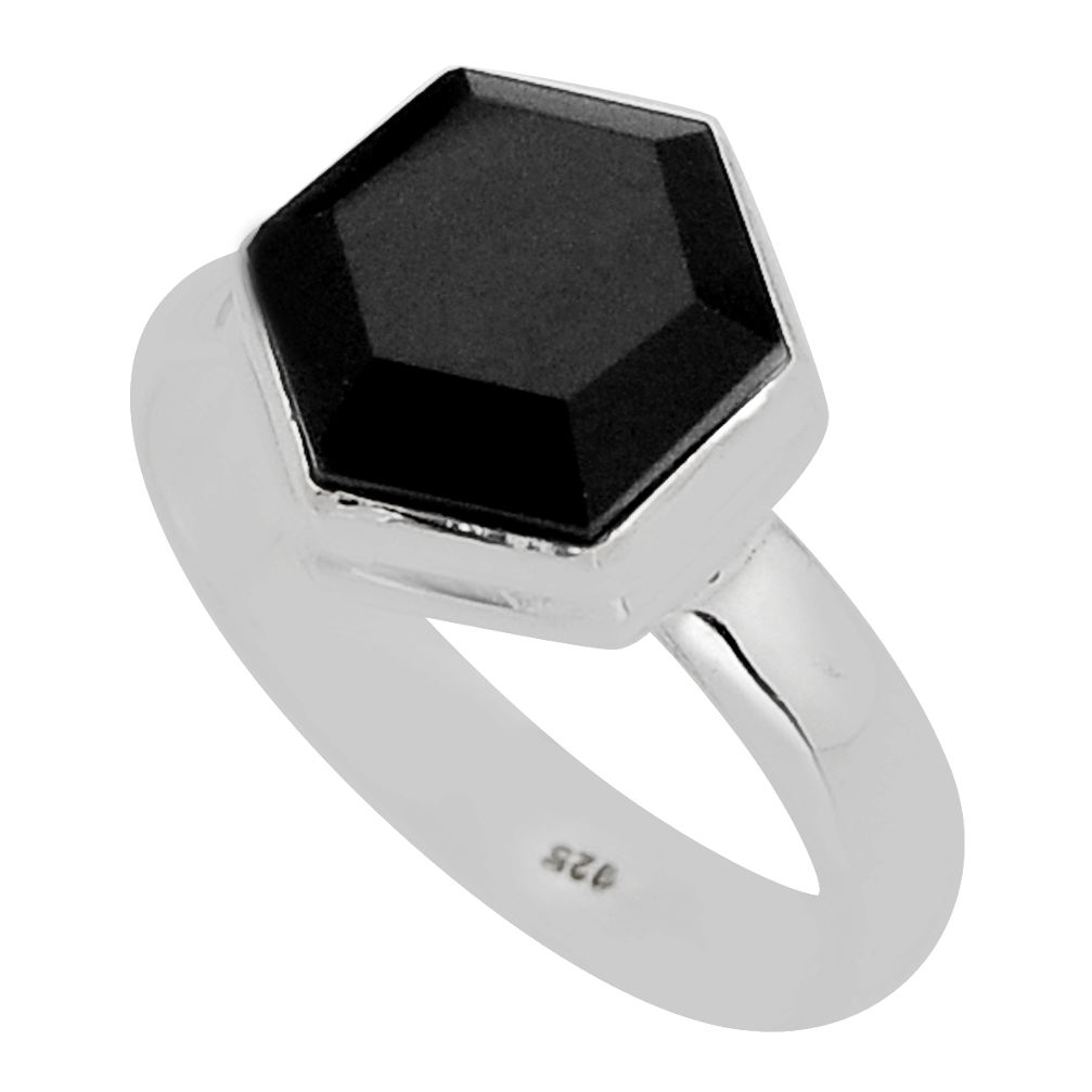 5.38cts solitaire natural black onyx hexagon sterling silver ring size 8 n7594