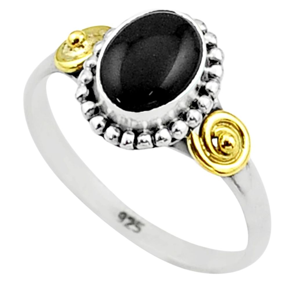 2.29cts solitaire natural black onyx oval 925 silver 14k gold ring size 9 t71892