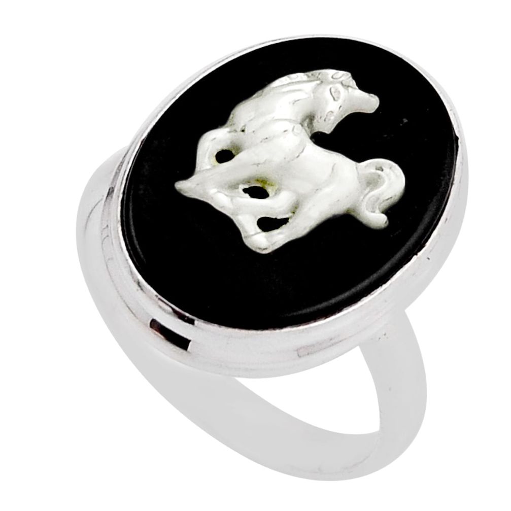 11.89cts solitaire natural black onyx pearl silver horse ring size 9.5 n22966