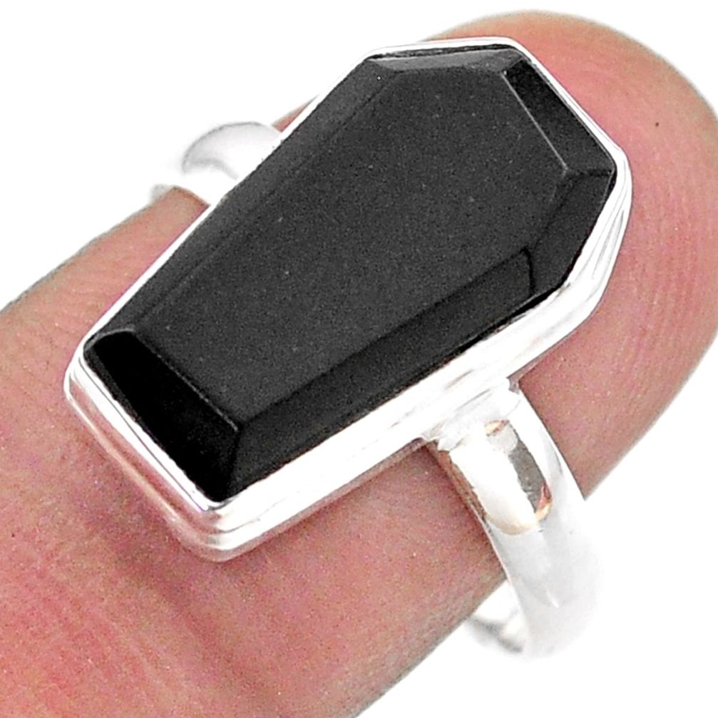 6.39cts solitaire natural black onyx sterling silver coffin ring size 7 t48666
