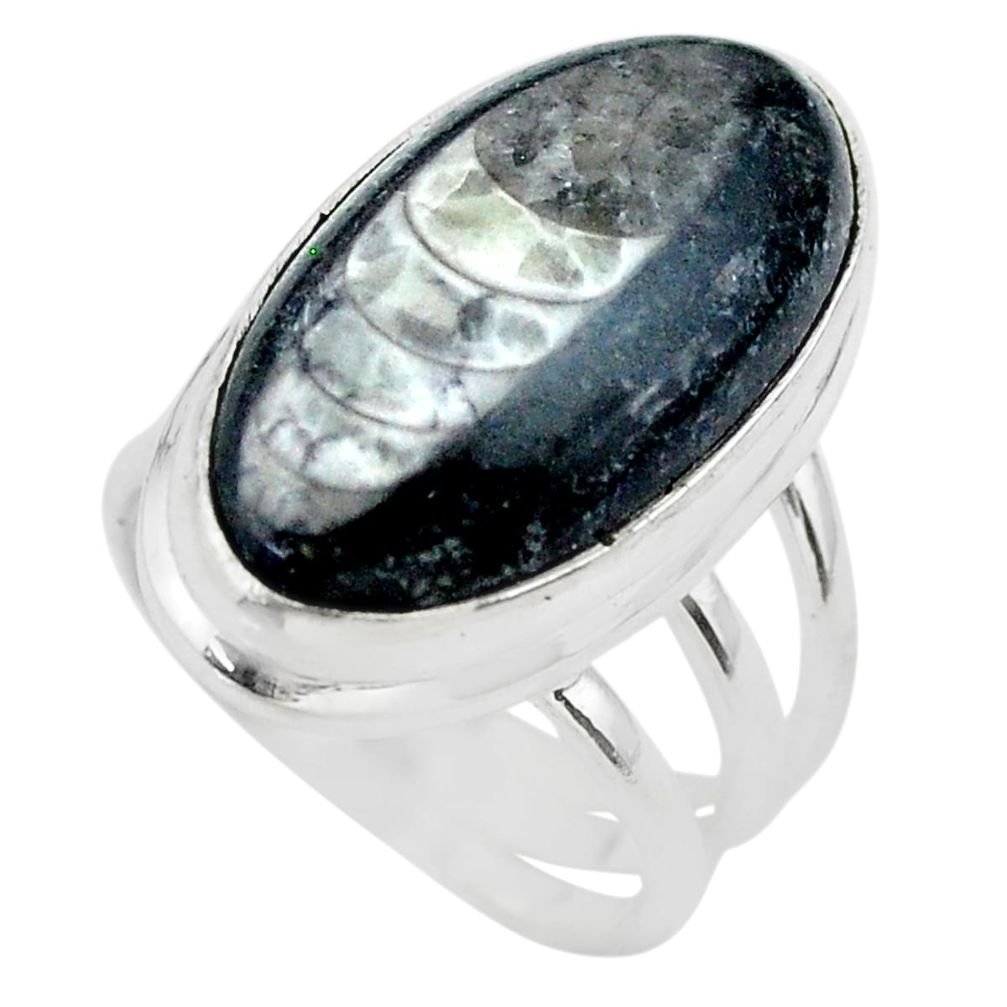 17.69cts solitaire natural black orthoceras oval 925 silver ring size 6 t29005