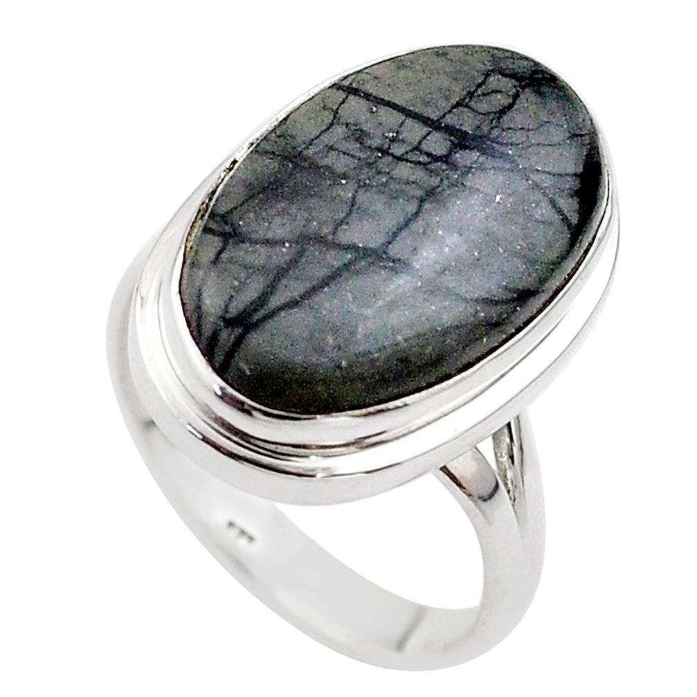 13.79cts solitaire natural black picasso jasper 925 silver ring size 8.5 t75112