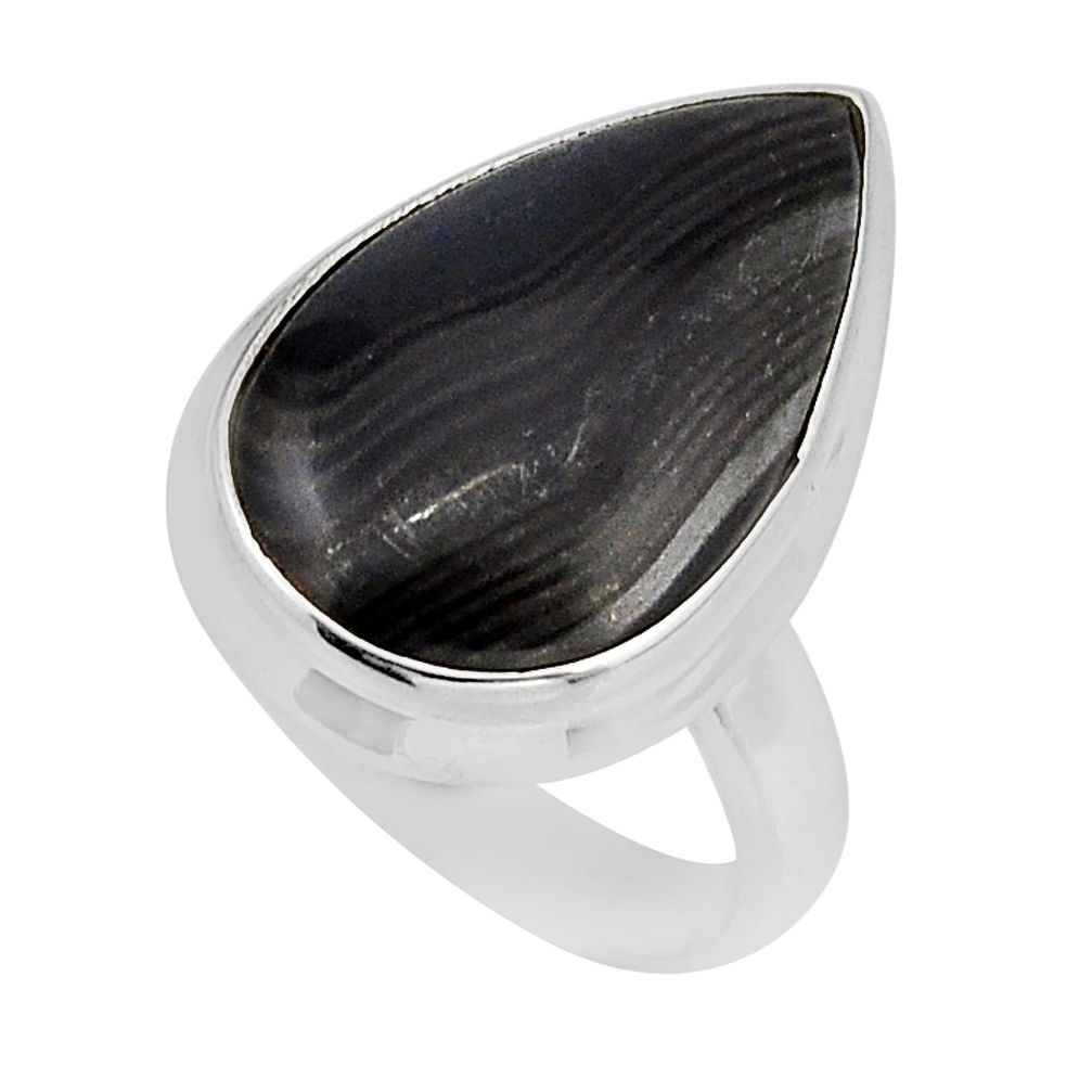 9.47cts solitaire natural black psilomelane pear 925 silver ring size 6 y56402