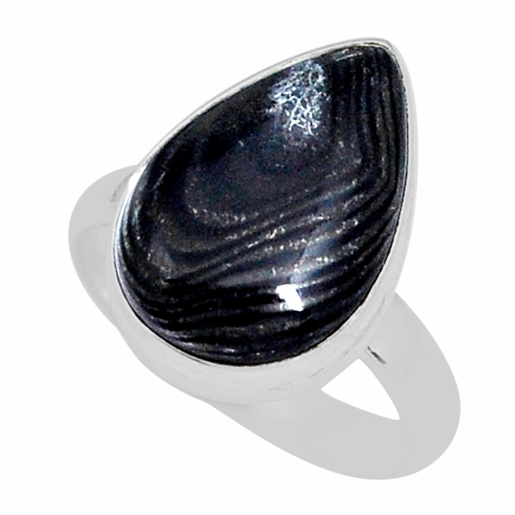 8.53cts solitaire natural black psilomelane pear 925 silver ring size 8 y7415