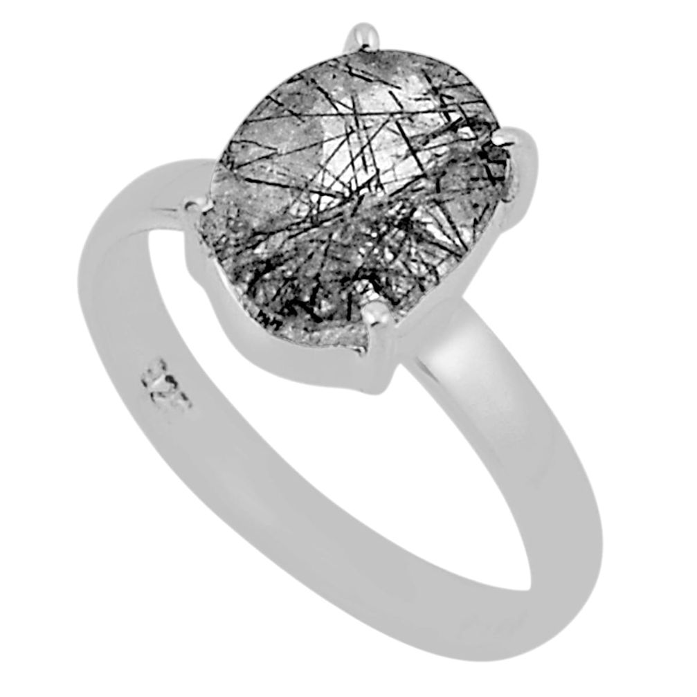 4.02cts solitaire natural black rutile 925 sterling silver ring size 6.5 n33647