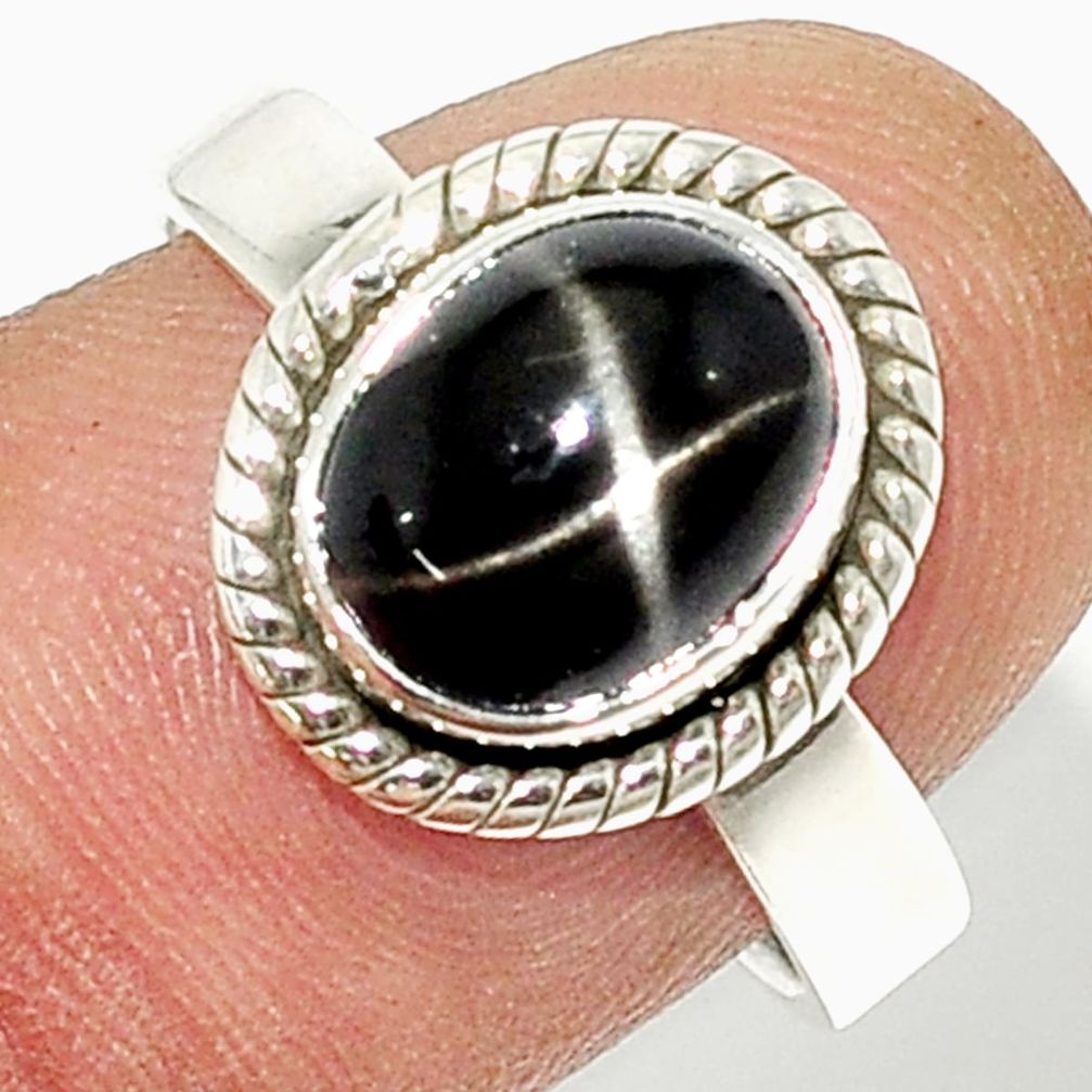4.64cts solitaire natural black star sapphire 925 silver ring size 8.5 u29694