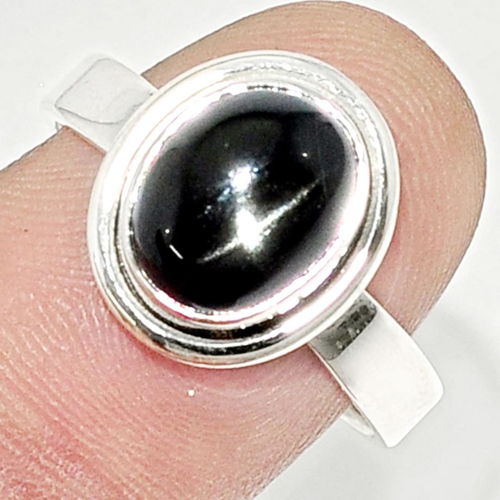 4.34cts solitaire natural black star sapphire 925 silver ring size 8.5 u29714