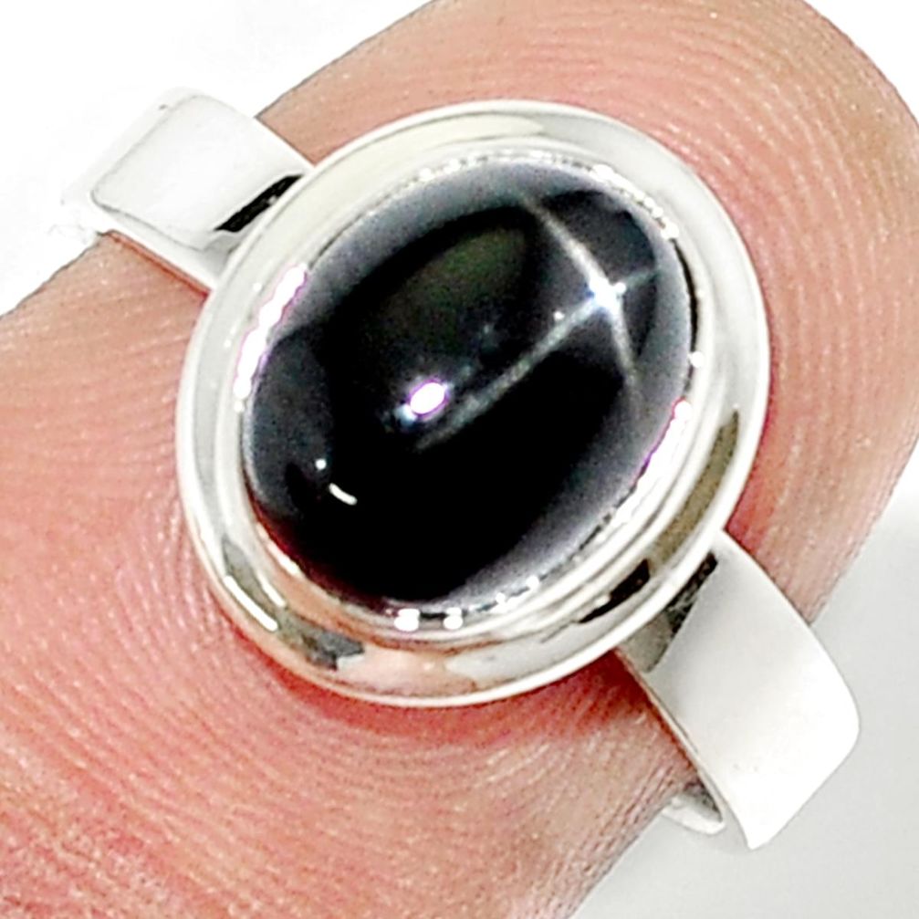 4.10cts solitaire natural black star sapphire oval silver ring size 8 u29707