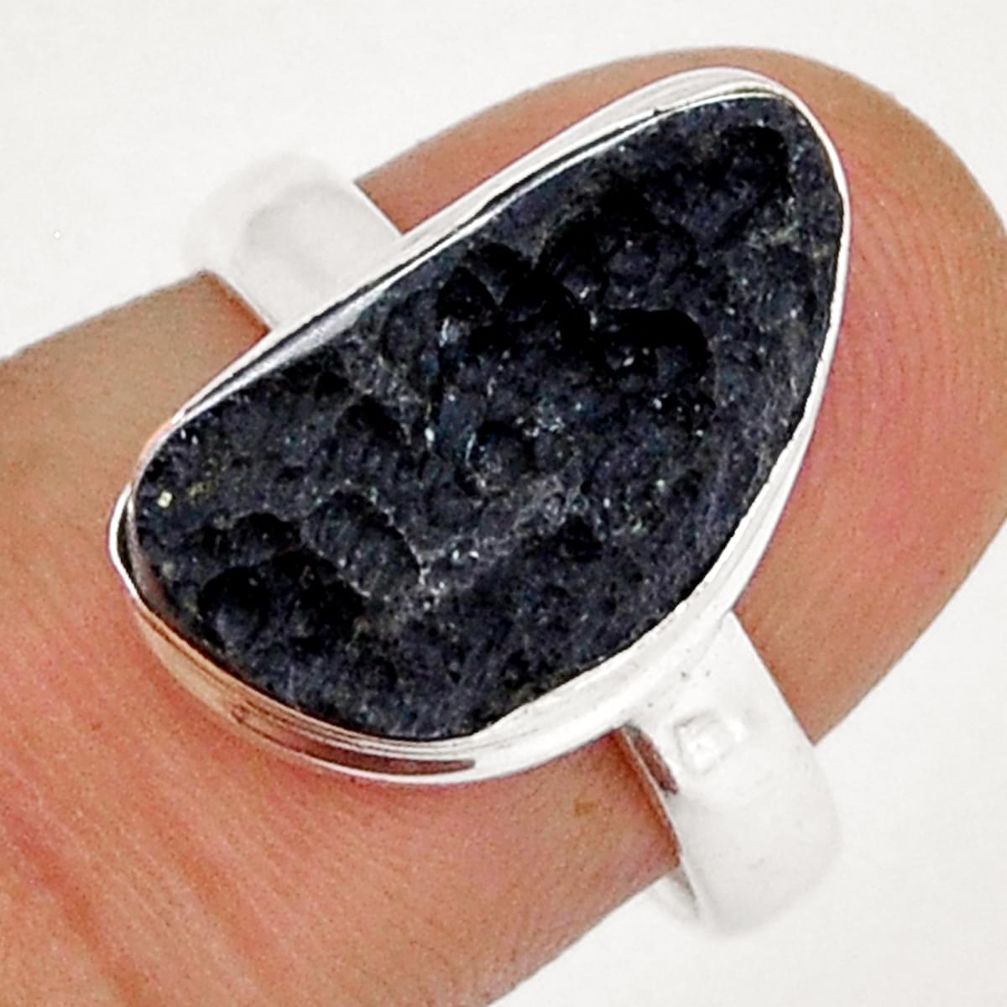 6.72cts solitaire natural black tektite 925 sterling silver ring size 7 y7542