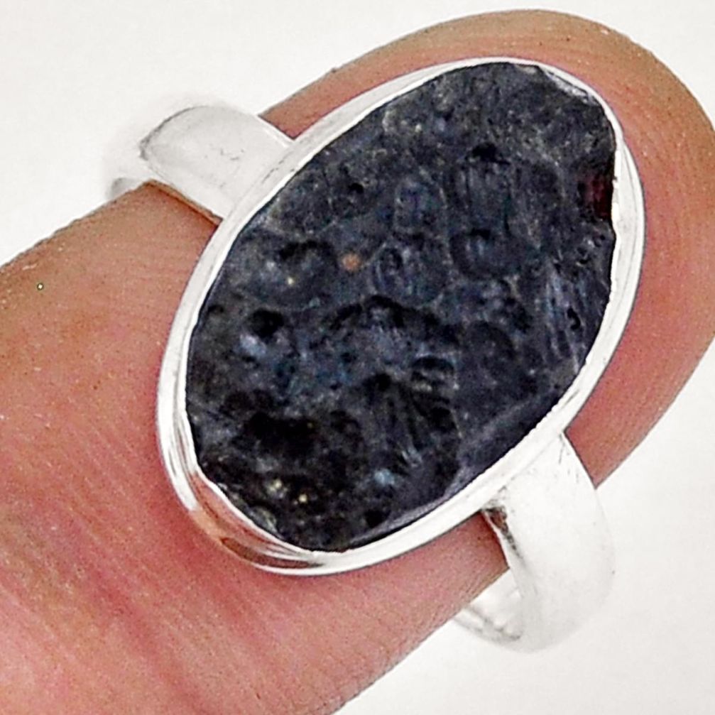 7.25cts solitaire natural black tektite 925 sterling silver ring size 9 y7535