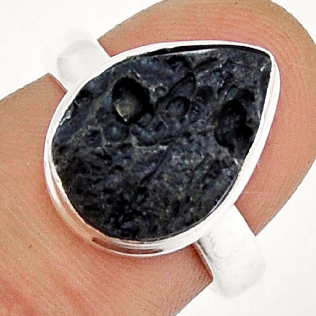 6.01cts solitaire natural black tektite par sterling silver ring size 7 y7550