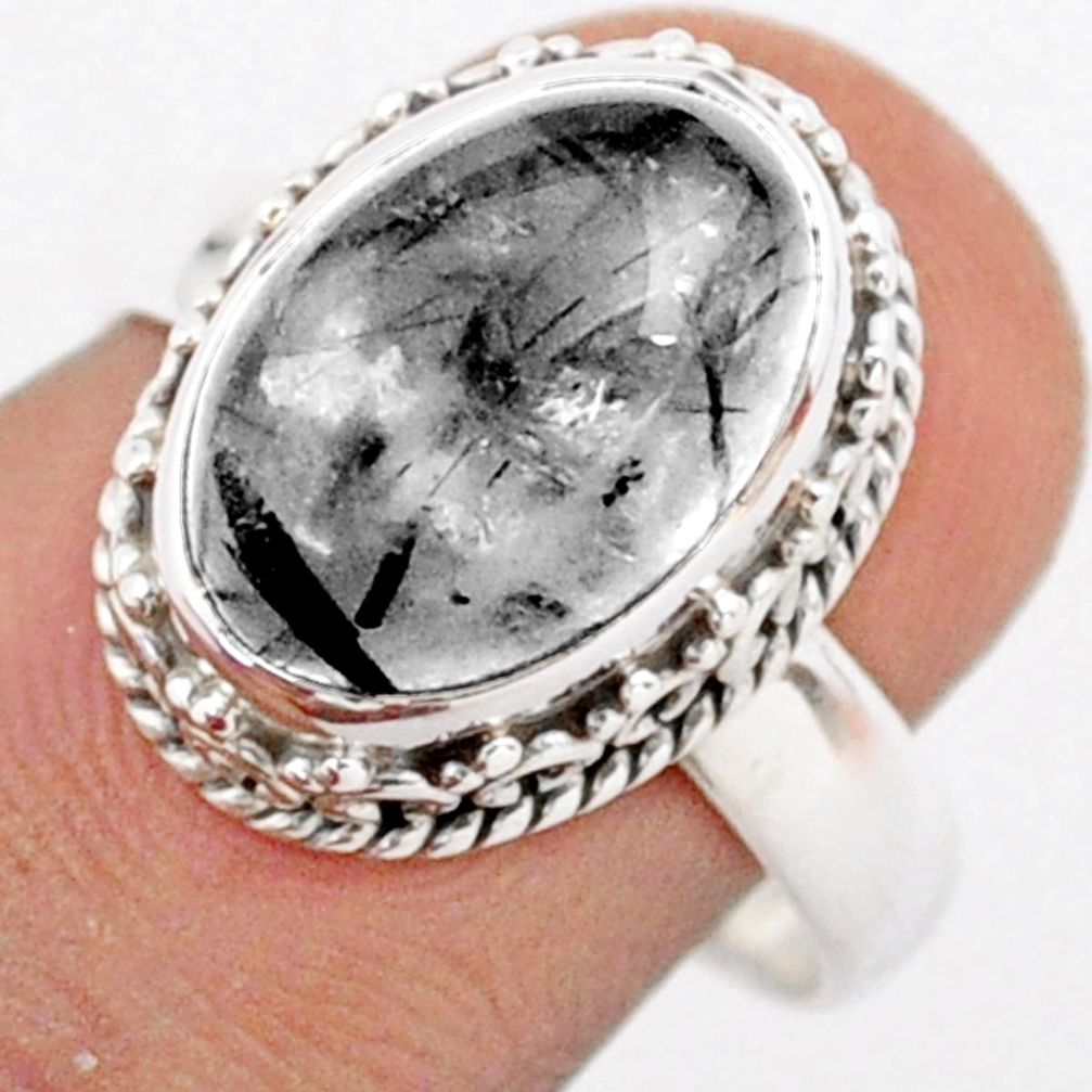 5.75cts solitaire natural black tourmaline rutile 925 silver ring size 8 t80604