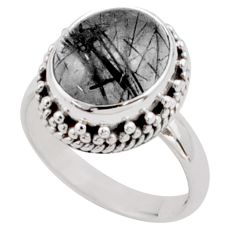 5.35cts solitaire natural black tourmaline rutile silver ring size 6.5 t80654
