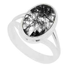 5.47cts solitaire natural black tourmaline rutile silver ring size 7.5 u60386
