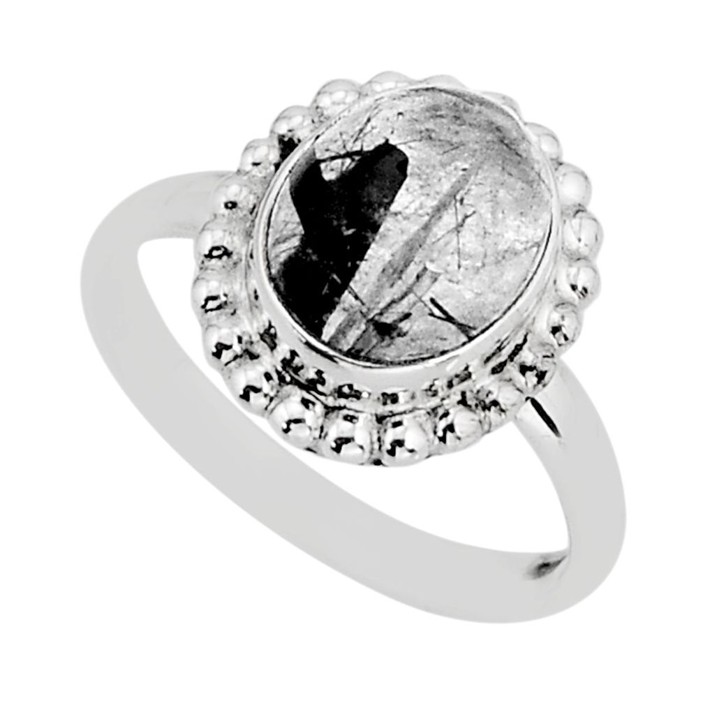 4.02cts solitaire natural black tourmaline rutile silver ring size 6.5 y77957