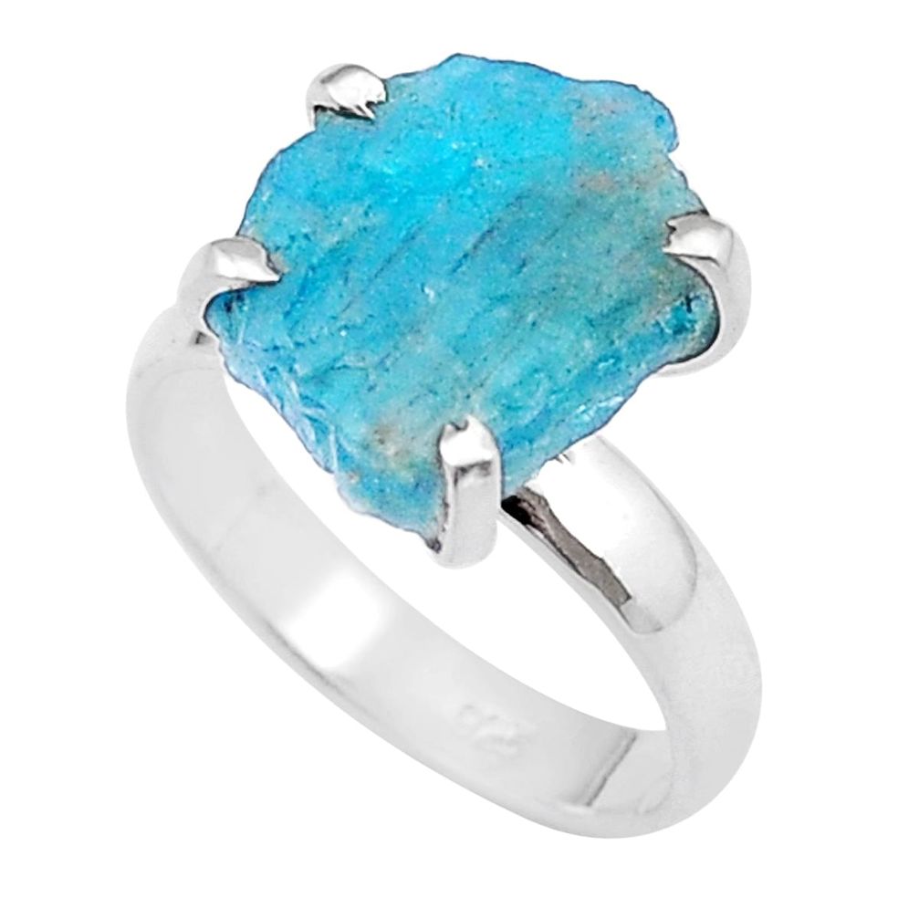 6.95cts solitaire natural blue apatite rough fancy 925 silver ring size 7 u37974