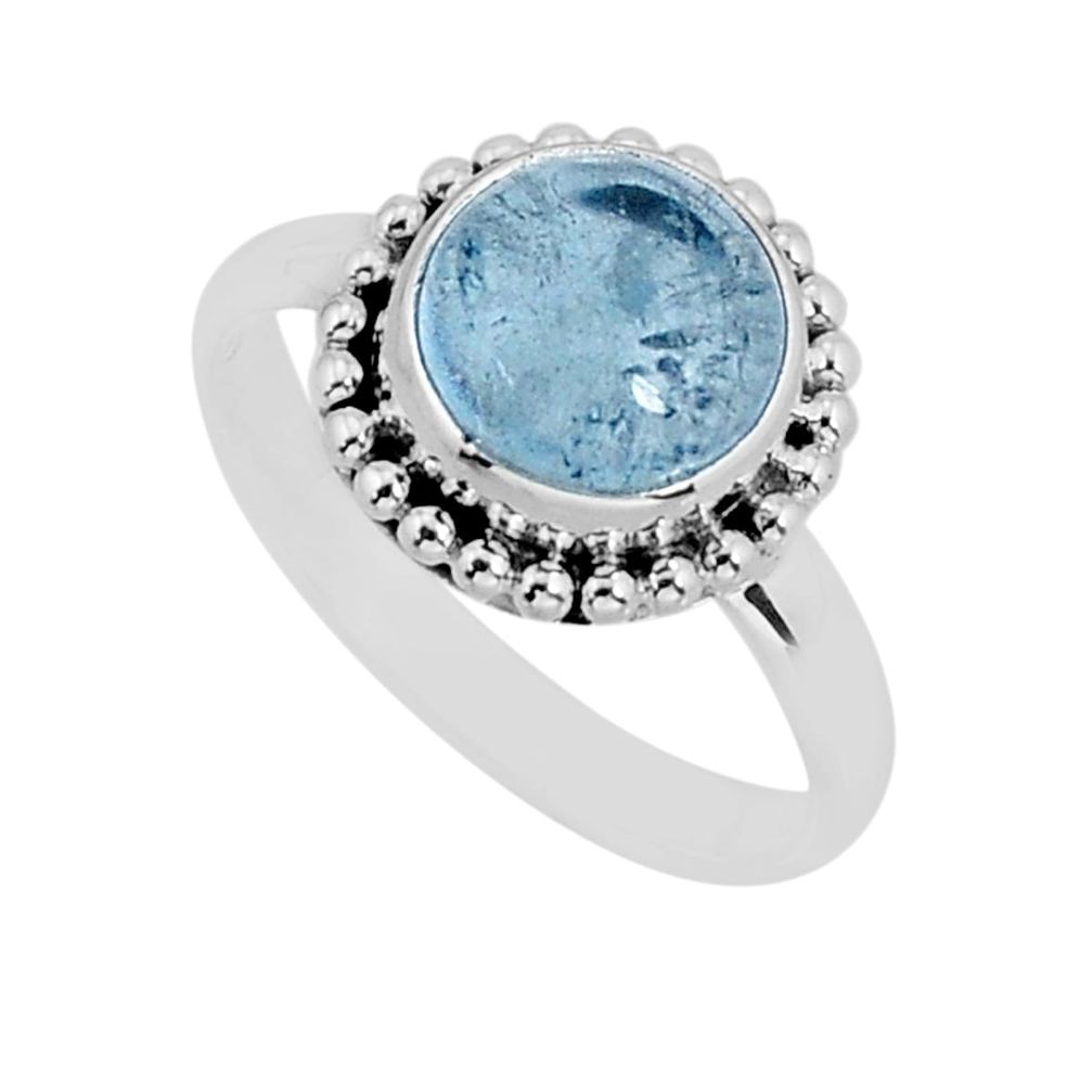 4.82cts solitaire natural blue aquamarine round 925 silver ring size 8.5 y76675