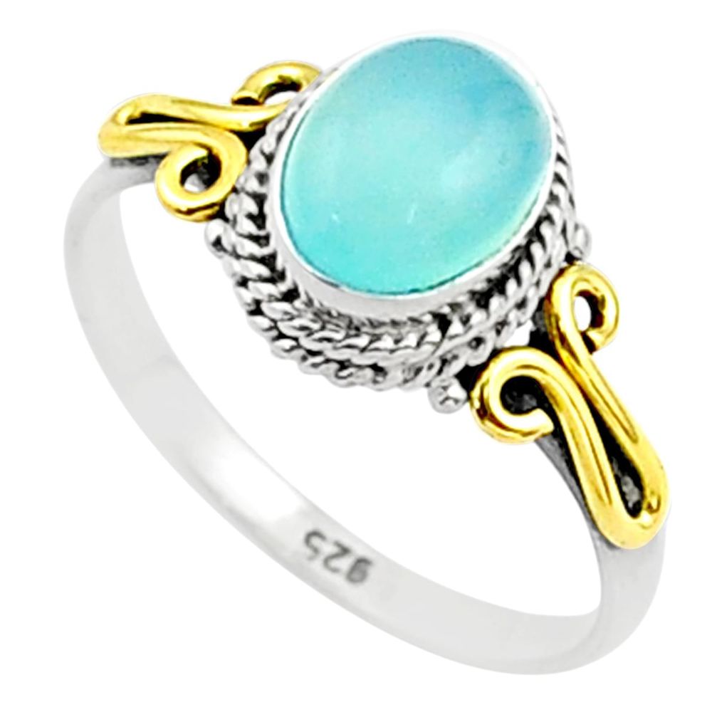 2.12cts solitaire natural blue chalcedony 925 silver 14k gold ring size 7 t71756