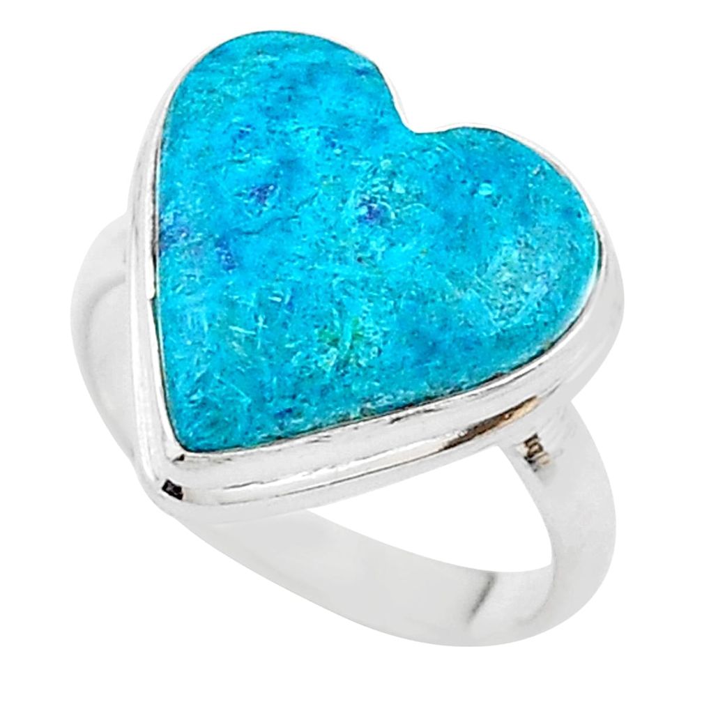 15.29cts solitaire natural blue chrysocolla heart silver ring size 9.5 t17909