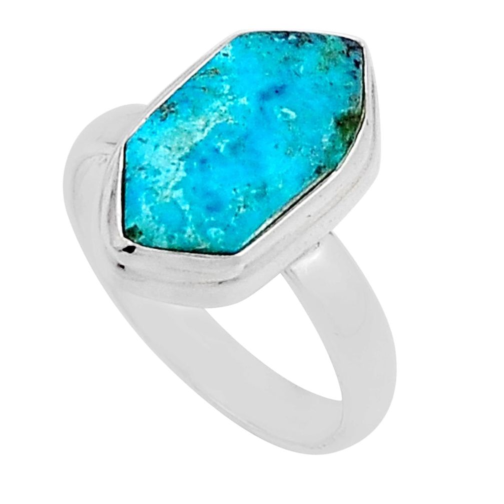 6.85cts solitaire natural blue chrysocolla hexagon silver ring size 8.5 n16603