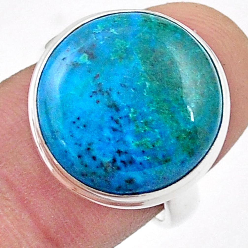 13.27cts solitaire natural blue chrysocolla round 925 silver ring size 7 u47604