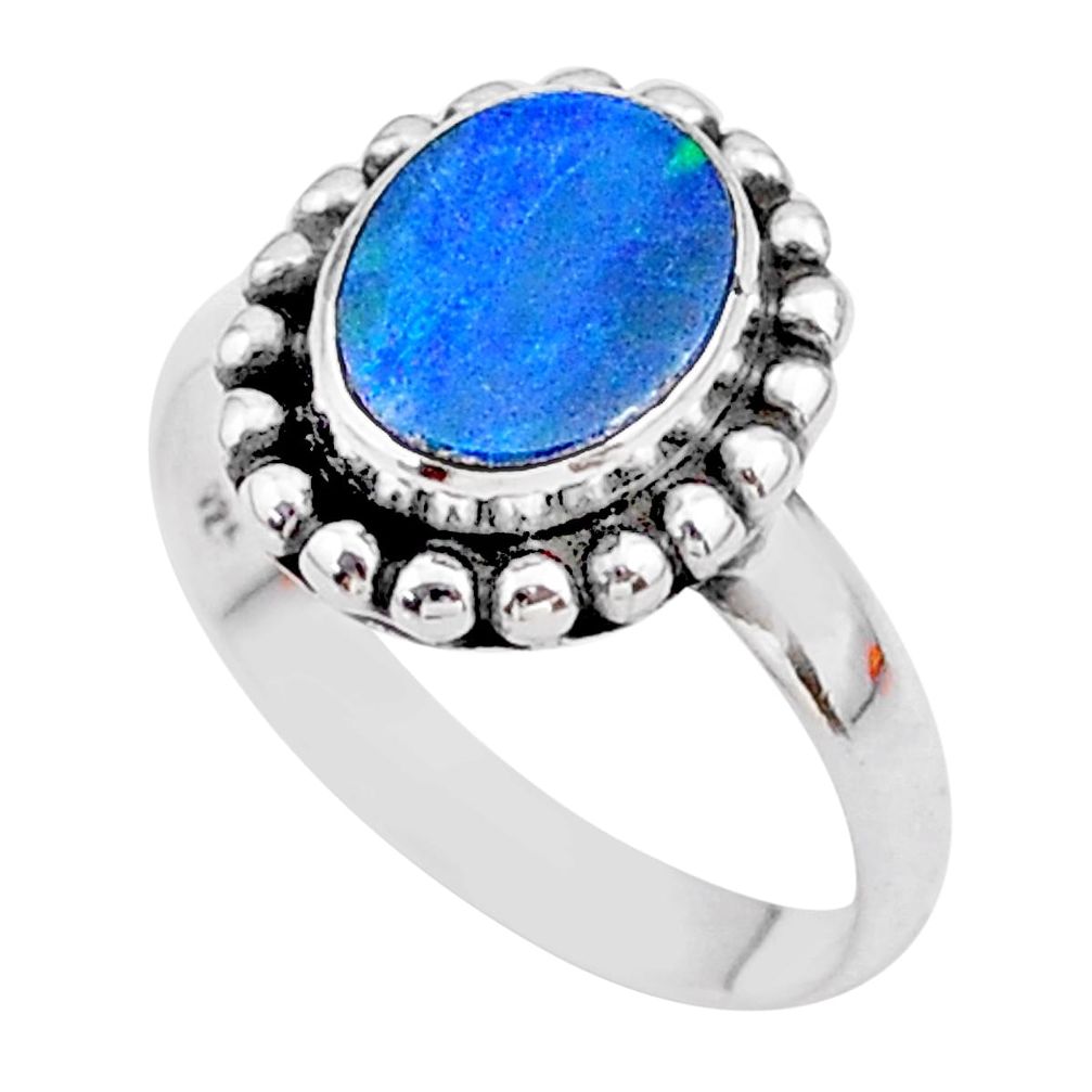 1.51cts solitaire natural blue doublet opal australian silver ring size 7 t27301