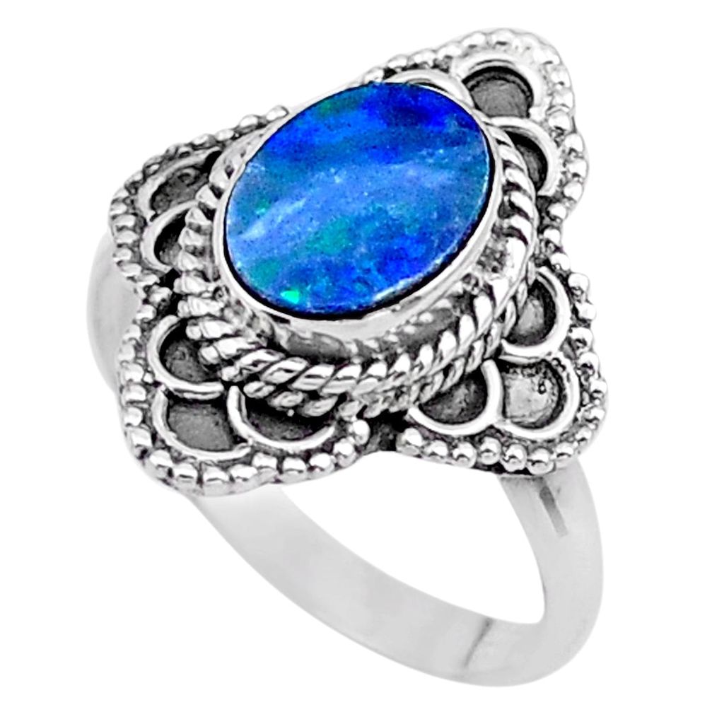 2.17cts solitaire natural blue doublet opal australian silver ring size 7 t27563