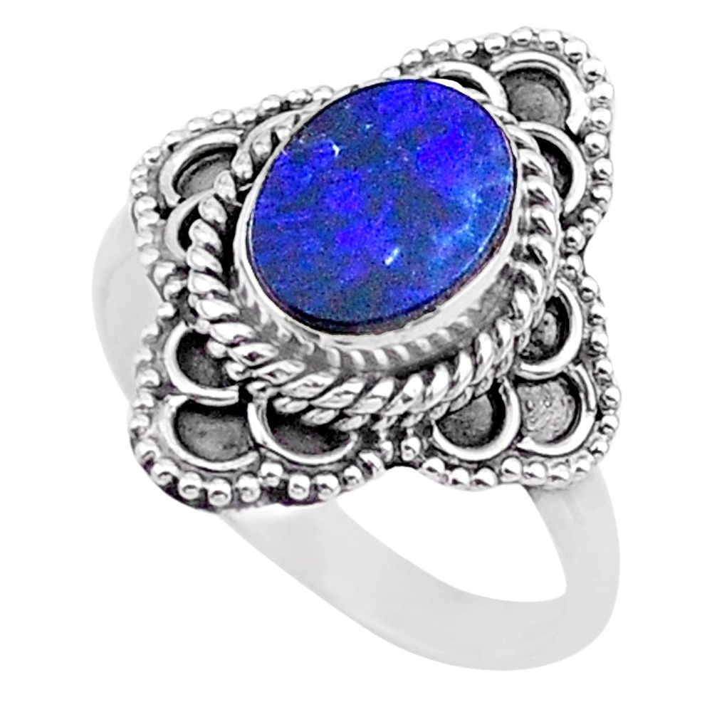 1.92cts solitaire natural blue doublet opal australian silver ring size 7 t27566