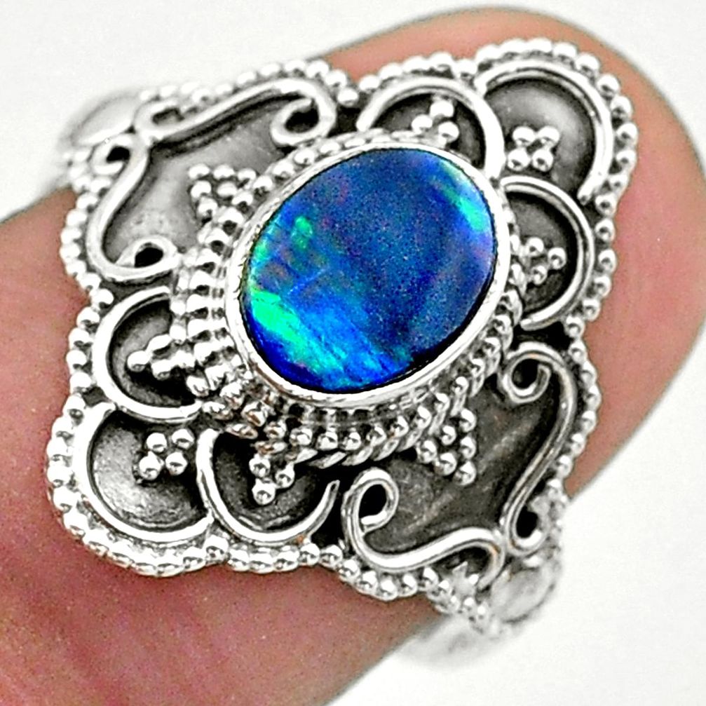 1.74cts solitaire natural blue doublet opal australian silver ring size 8 t30662