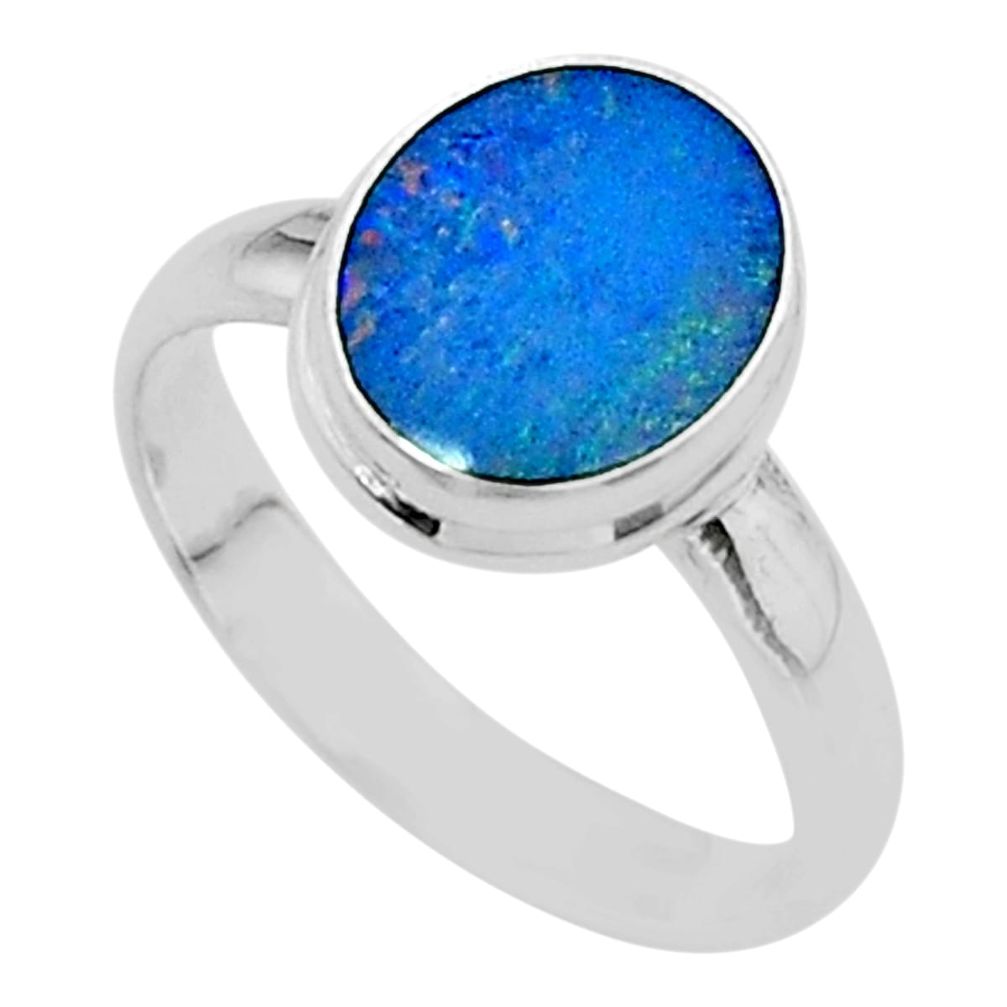 3.50cts solitaire natural blue doublet opal australian silver ring size 8 t58364