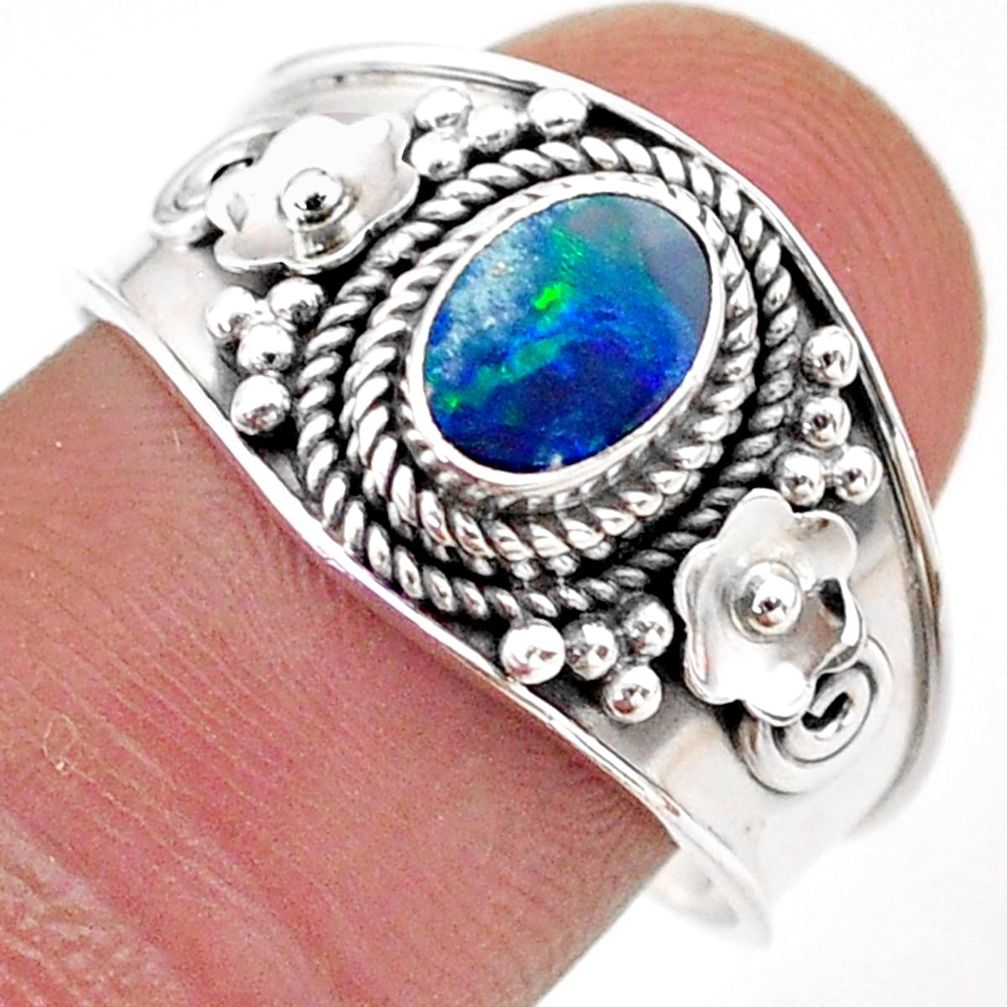 0.98cts solitaire natural blue doublet opal australian silver ring size 9 t75575