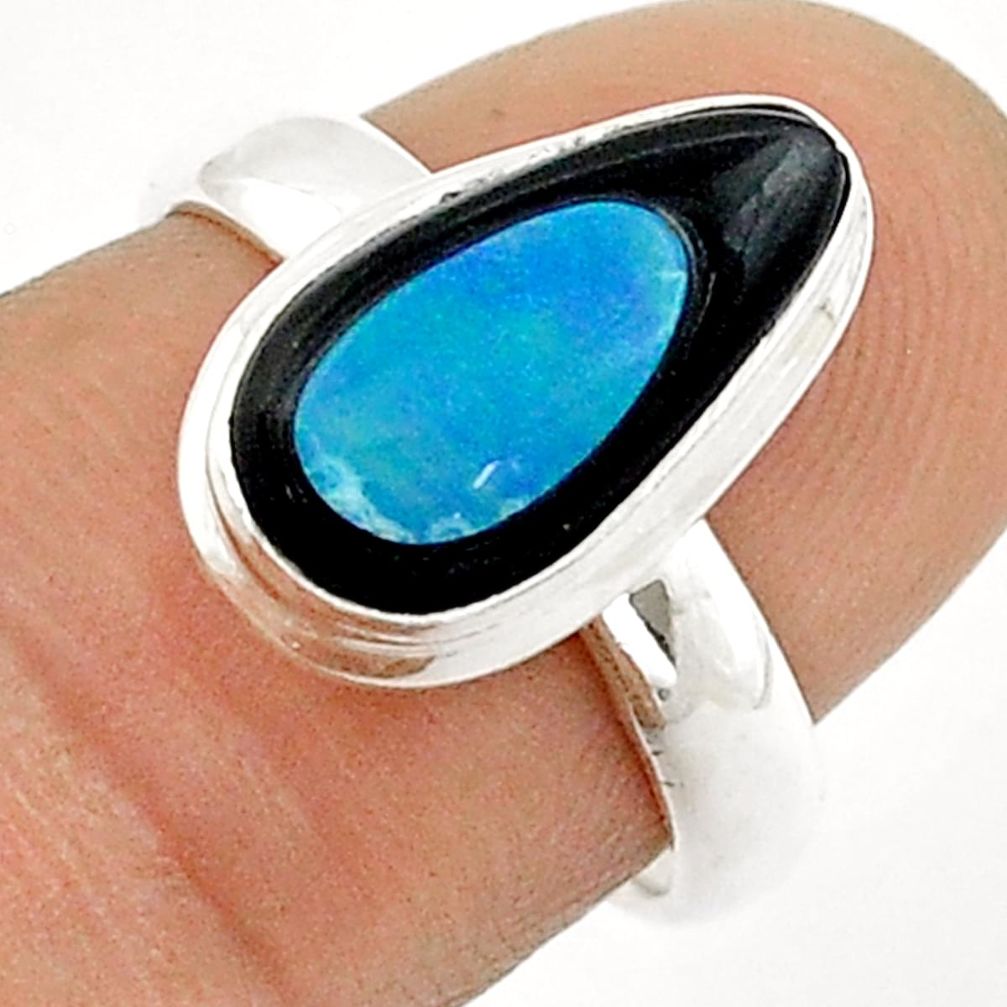 4.69cts solitaire natural blue doublet opal in onyx silver ring size 7 u88150