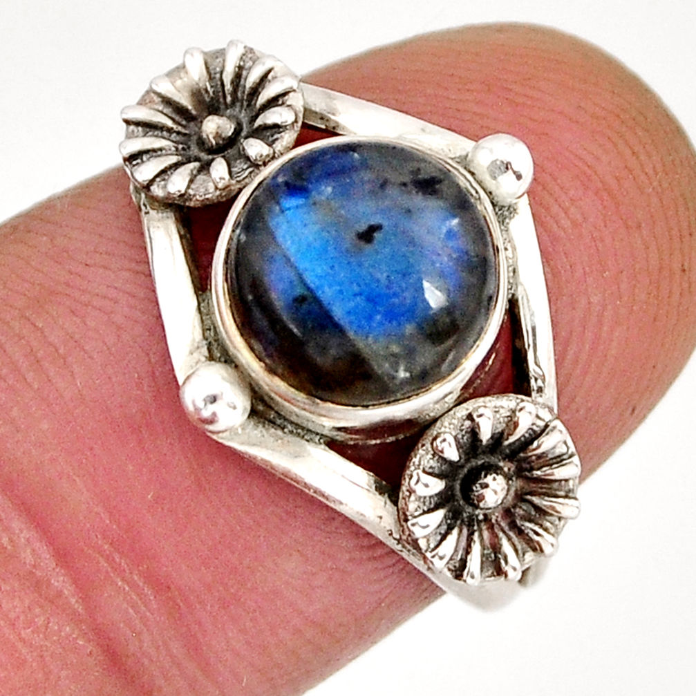 3.32cts solitaire natural blue labradorite 925 silver flower ring size 7 y72608
