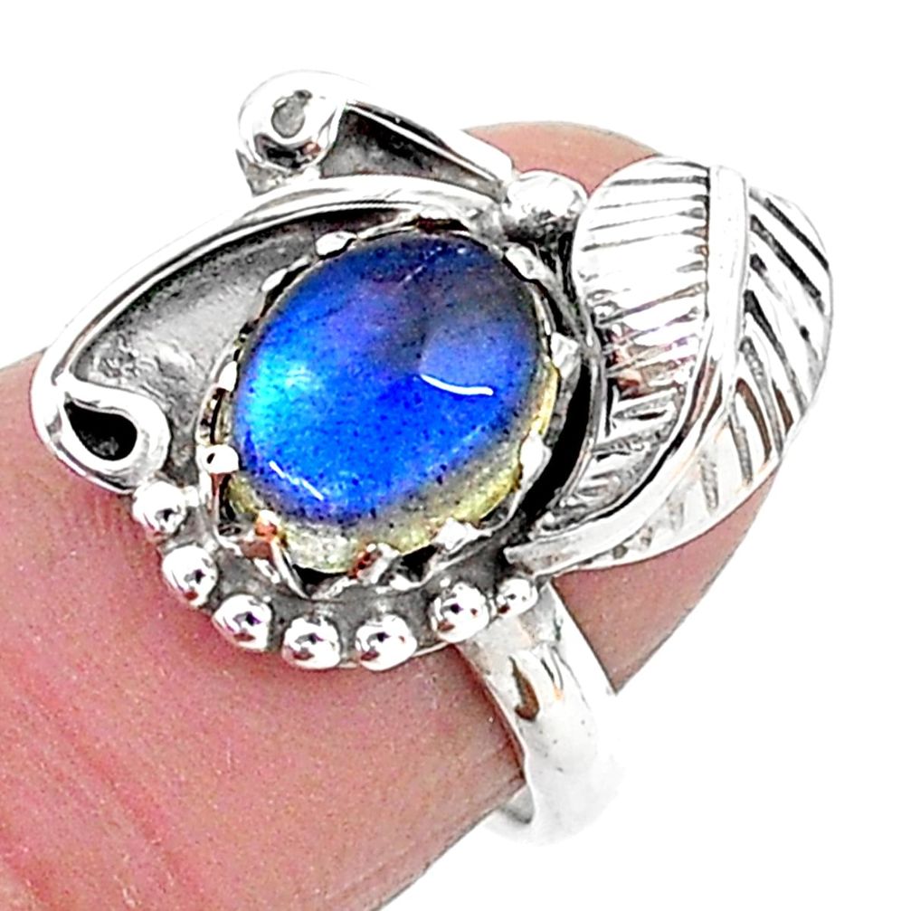 3.19cts solitaire natural blue labradorite 925 silver leaf ring size 5.5 t6399