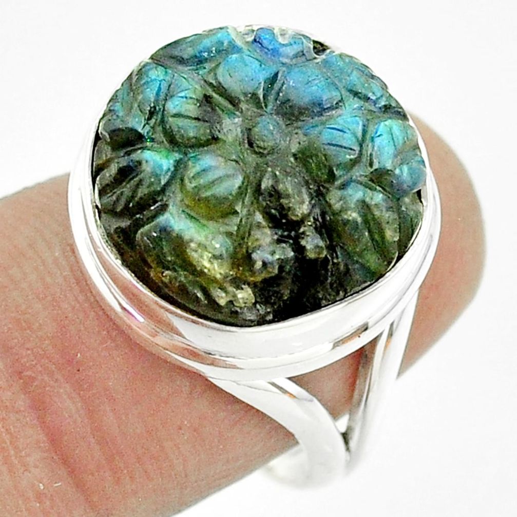 15.29cts solitaire natural blue labradorite carving silver ring size 7 t58850