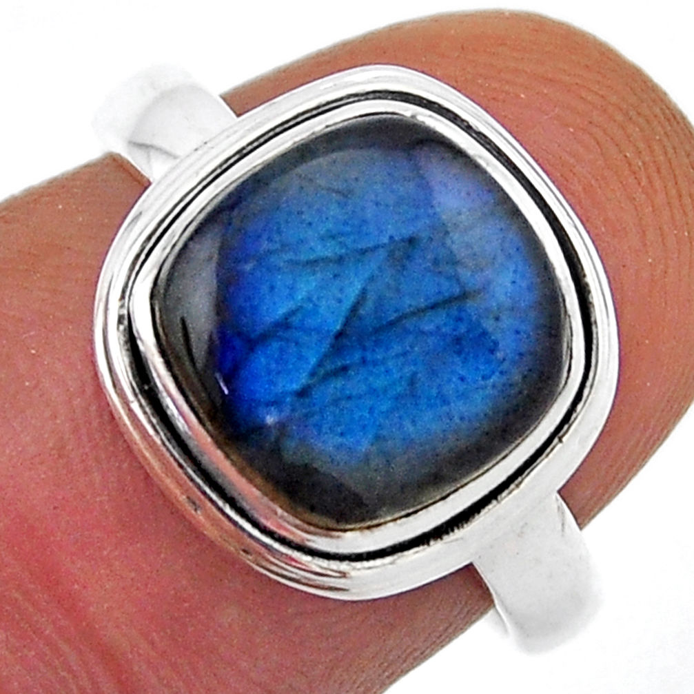 5.11cts solitaire natural blue labradorite cushion 925 silver ring size 7 n41407