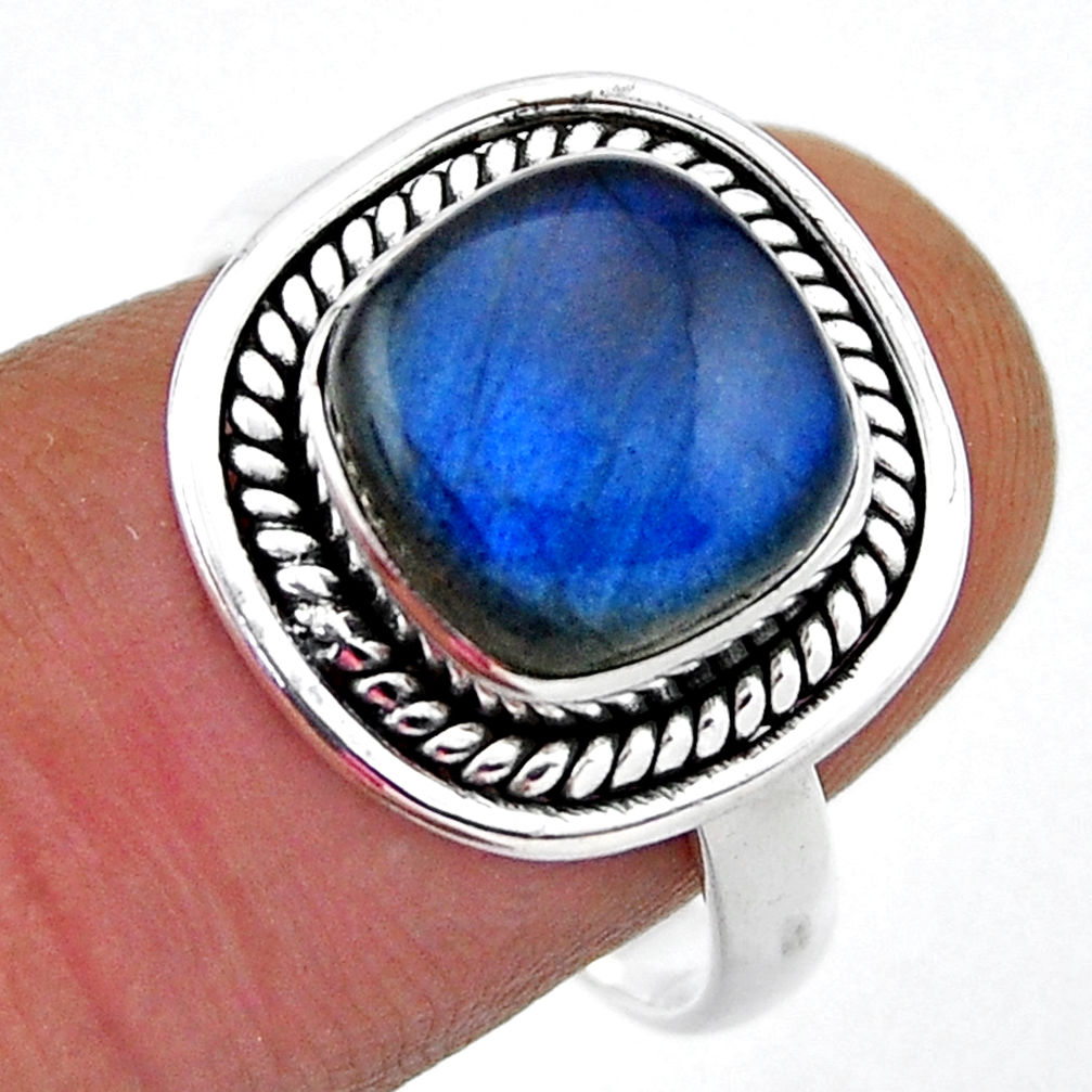5.16cts solitaire natural blue labradorite cushion 925 silver ring size 8 n41401