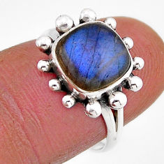 4.63cts solitaire natural blue labradorite cushion silver ring size 6.5 y81789