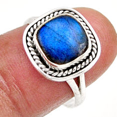4.02cts solitaire natural blue labradorite cushion silver ring size 7.5 y81817
