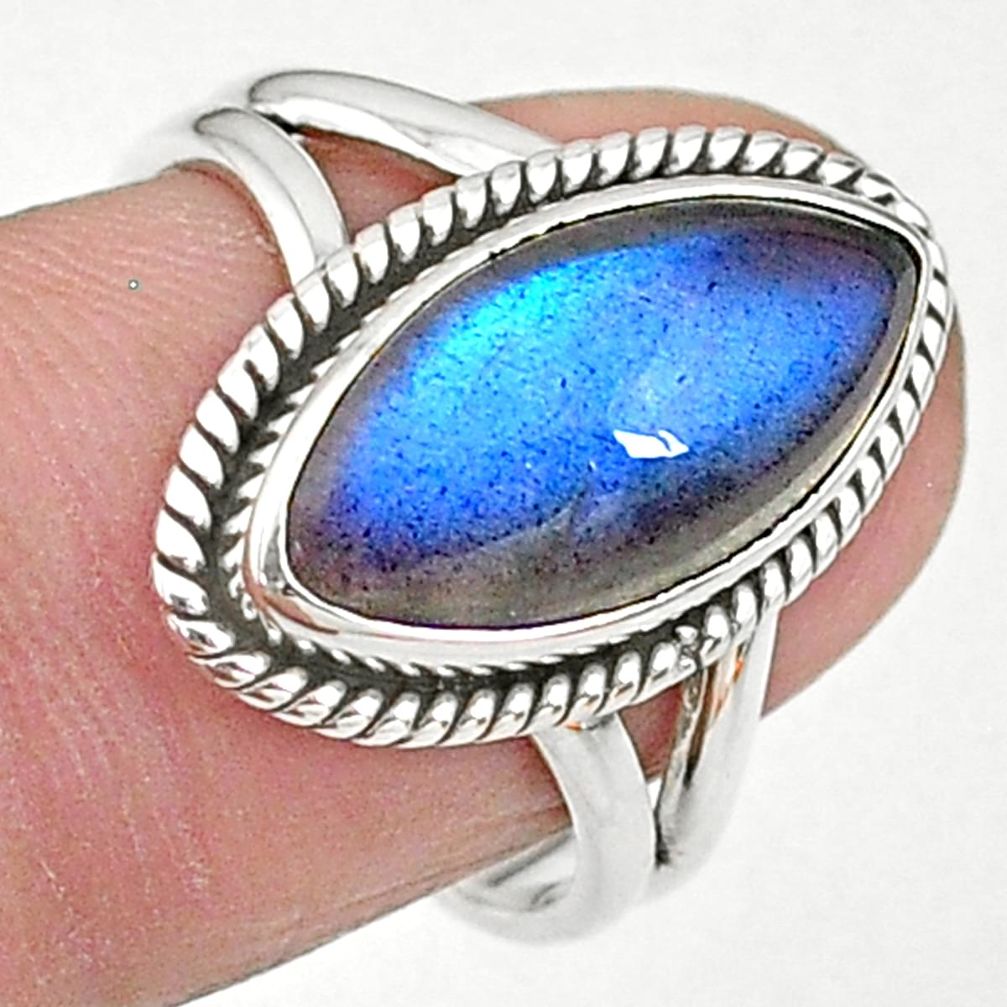 6.98cts solitaire natural blue labradorite marquise silver ring size 7.5 t11017
