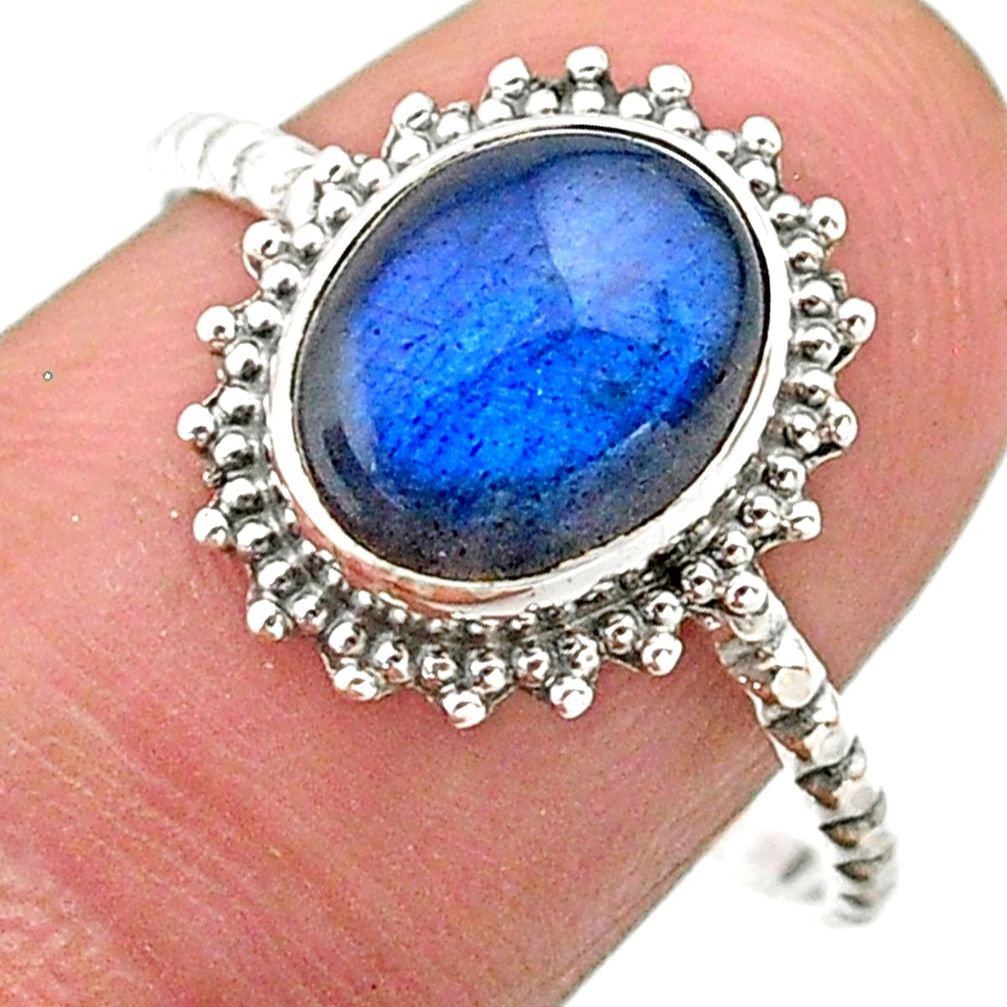 3.93cts solitaire natural blue labradorite oval 925 silver ring size 9 t25300
